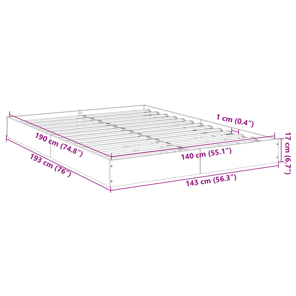 vidaXL Bedframe bewerkt hout grijs sonoma eikenkleurig 140x190 cm