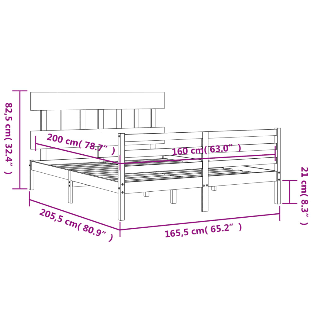 vidaXL Bedframe met hoofdbord massief hout wit 160x200 cm