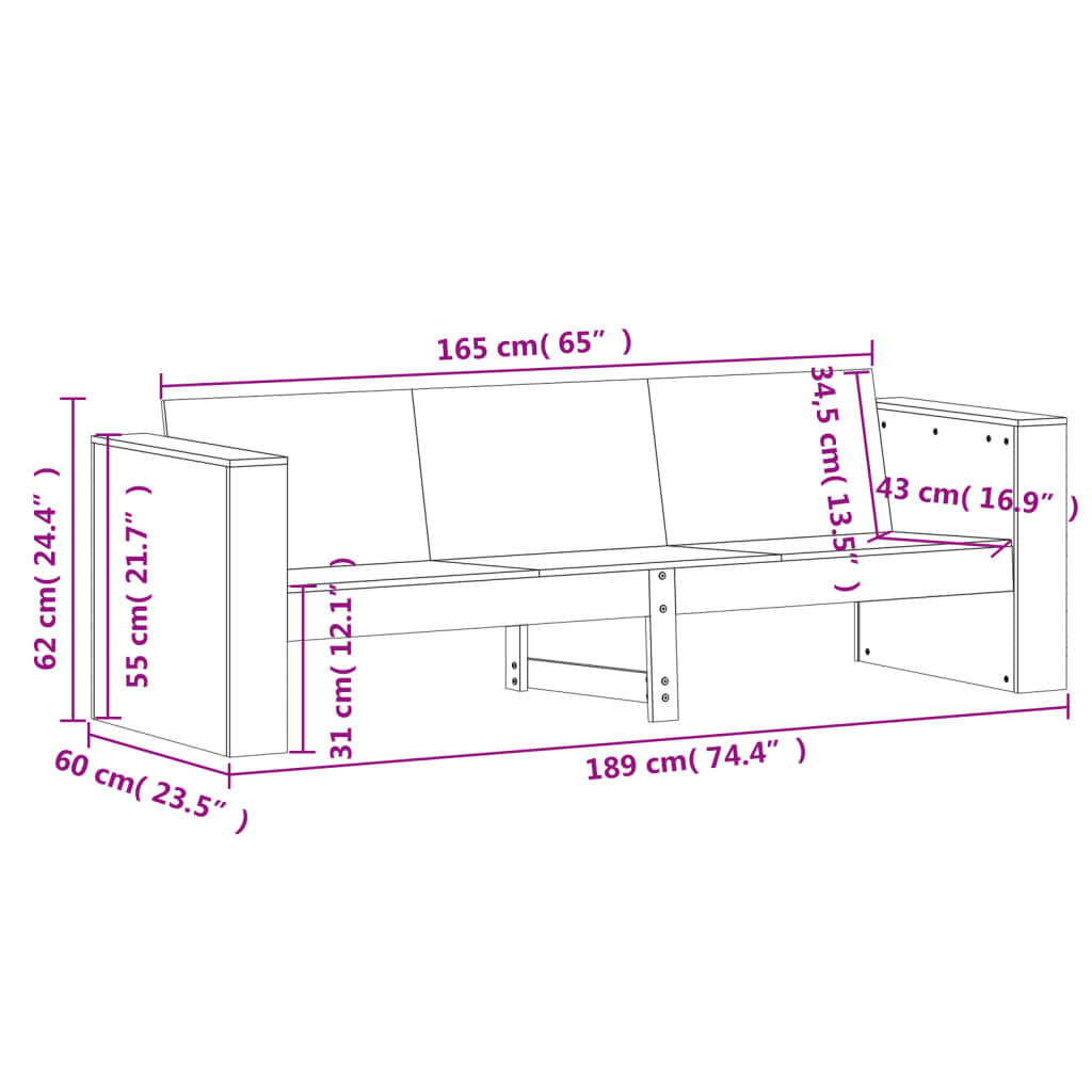 vidaXL Tuinbank 3-zits 189x60x62 cm massief douglashout