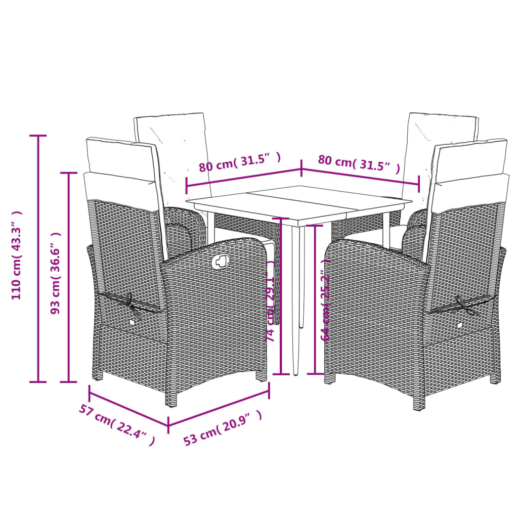 vidaXL 5-delige Tuinset met kussens poly rattan grijs