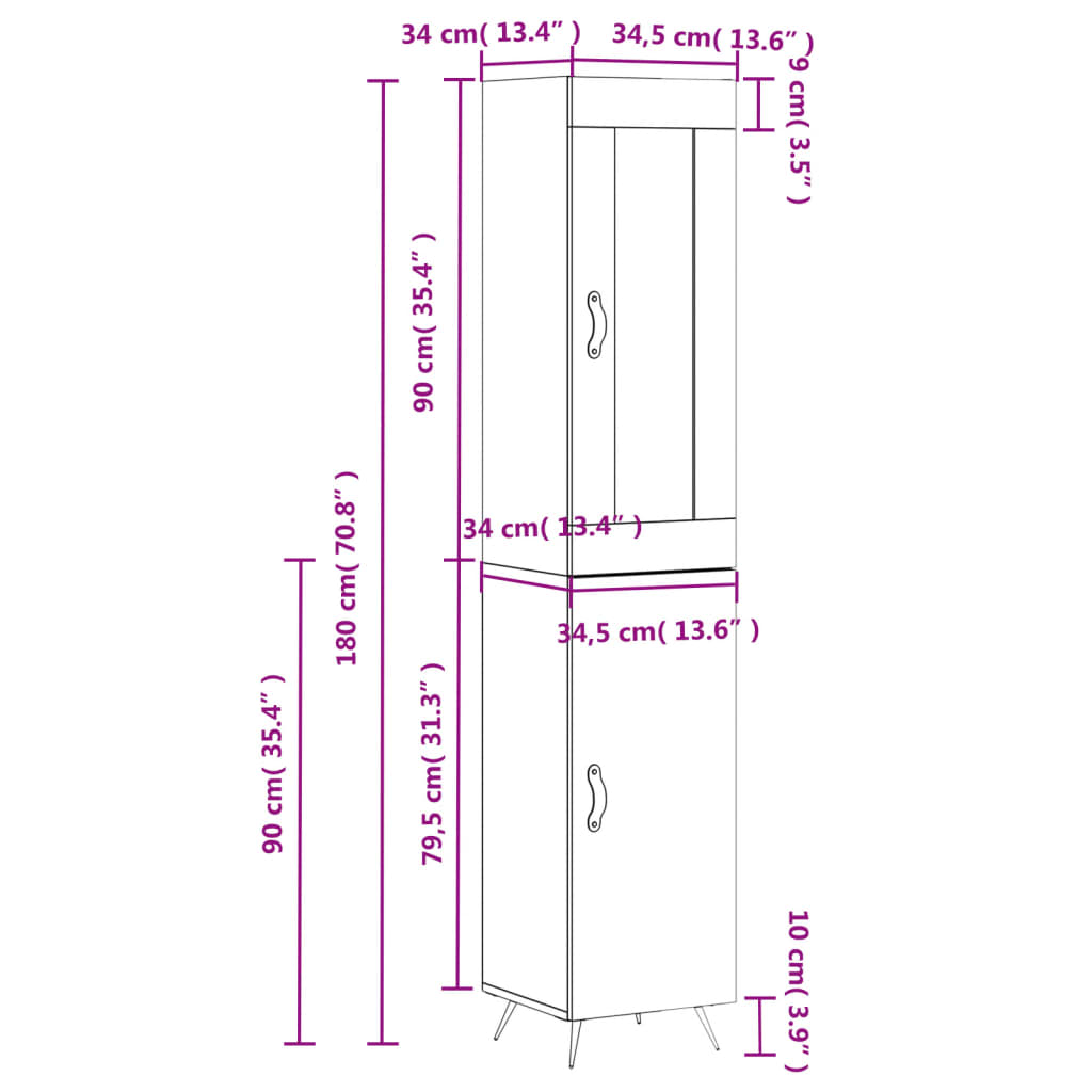 vidaXL Hoge kast 34,5x34x180 cm bewerkt hout bruin eikenkleur