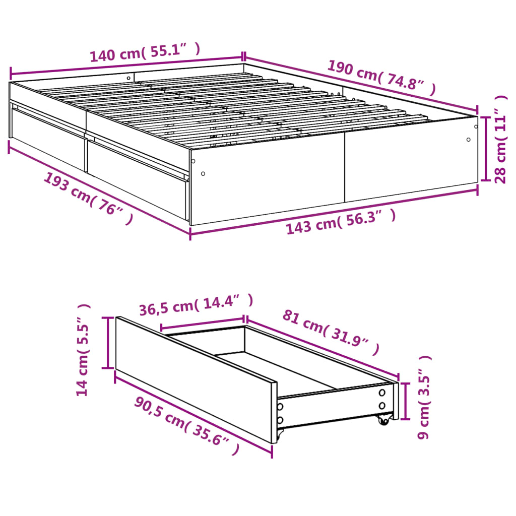 vidaXL Bedframe met lades bewerkt hout sonoma eikenkleurig 140x190 cm