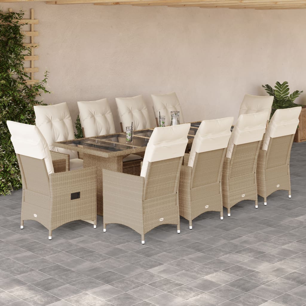 vidaXL 11-delige Bistroset met kussens poly rattan beige