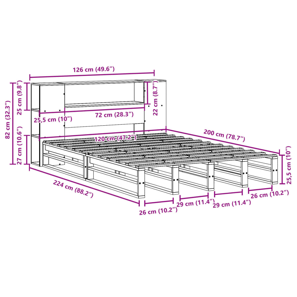 vidaXL Bed met boekenkast zonder matras massief hout wit 120x200 cm