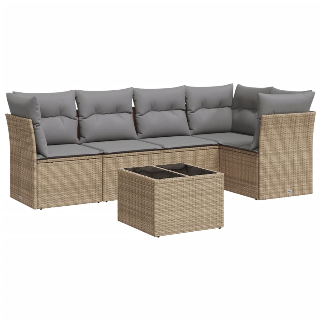 vidaXL 6-delige Loungeset met kussens poly rattan beige