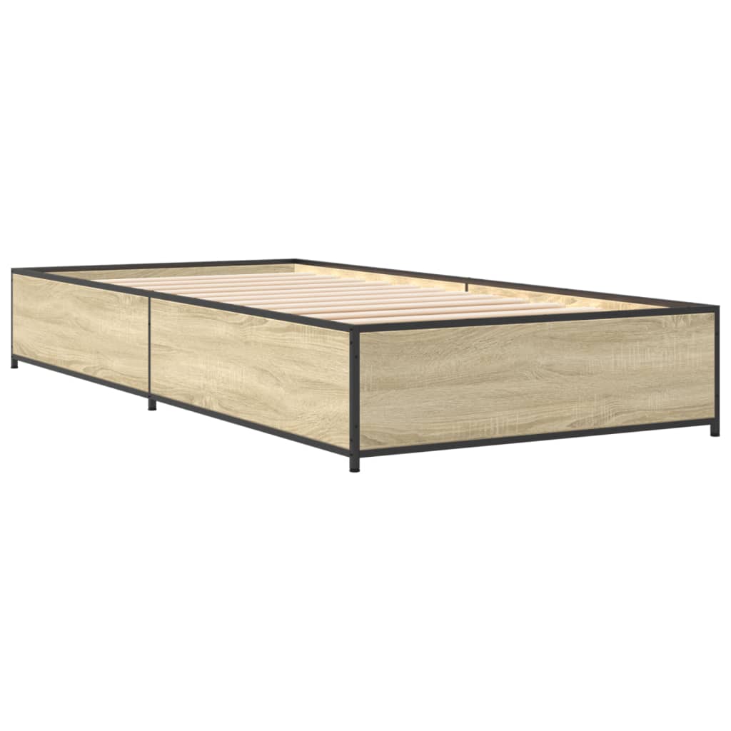 vidaXL Bedframe bewerkt hout en metaal sonoma eikenkleurig 75x190 cm