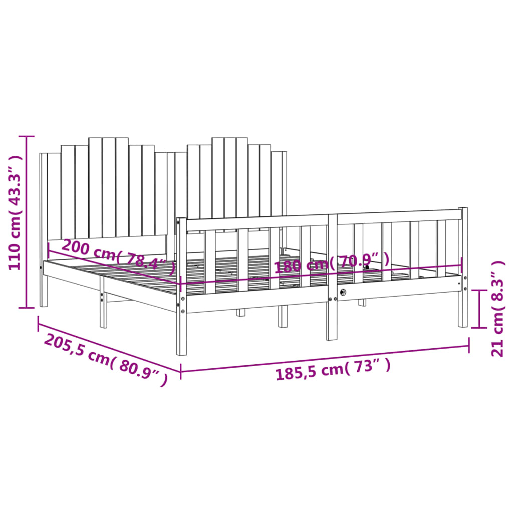 vidaXL Bedframe met hoofdbord massief hout zwart 180x200 cm