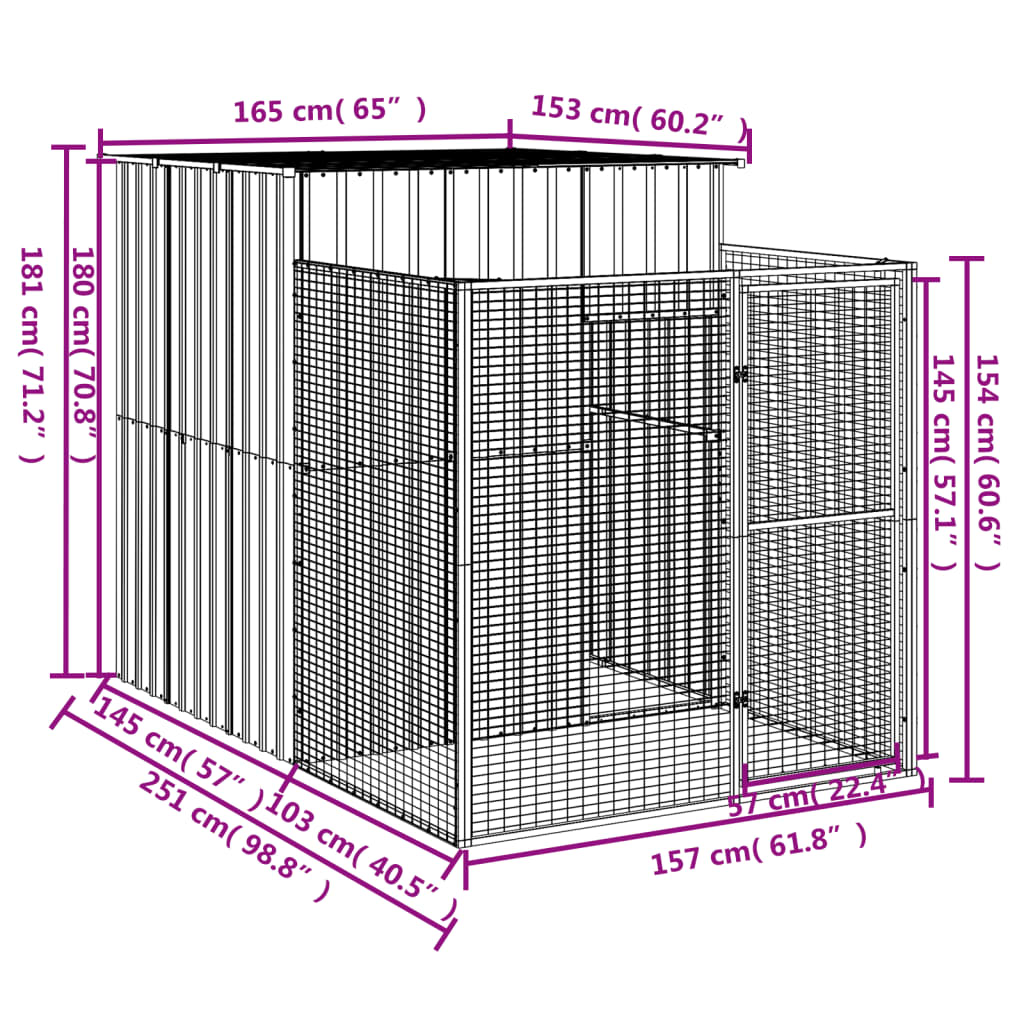 vidaXL Hondenhok met ren 165x251x181 cm gegalvaniseerd staal grijs