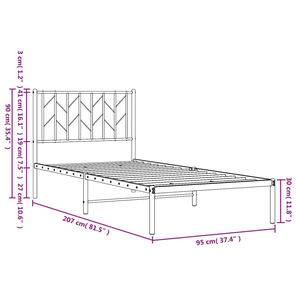 vidaXL Bedframe met hoofdbord metaal zwart 90x200 cm