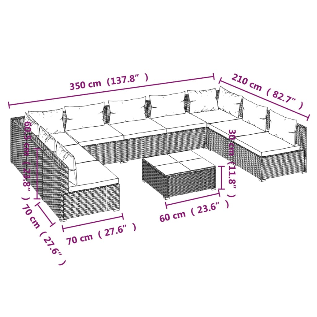 vidaXL 10-delige Loungeset met kussens poly rattan zwart