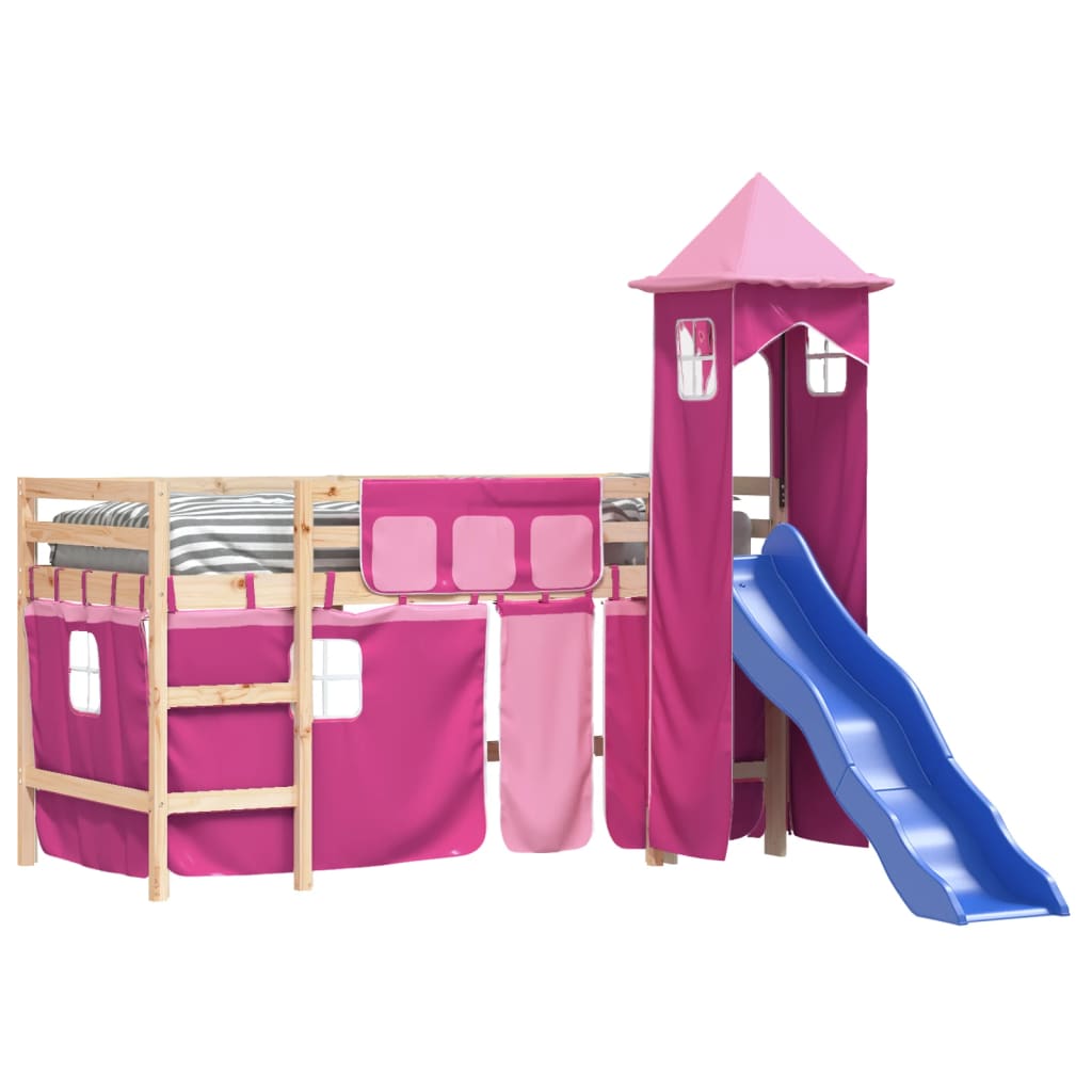 vidaXL Kinderhoogslaper met toren 90x190 cm massief grenenhout roze