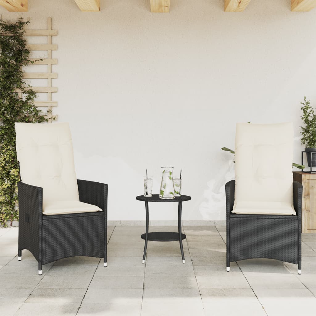 vidaXL 3-delige Bistroset met kussens poly rattan zwart