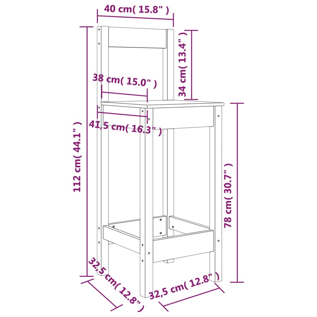 vidaXL Barkrukken 2 st 40x41,5x112 cm massief grenenhout