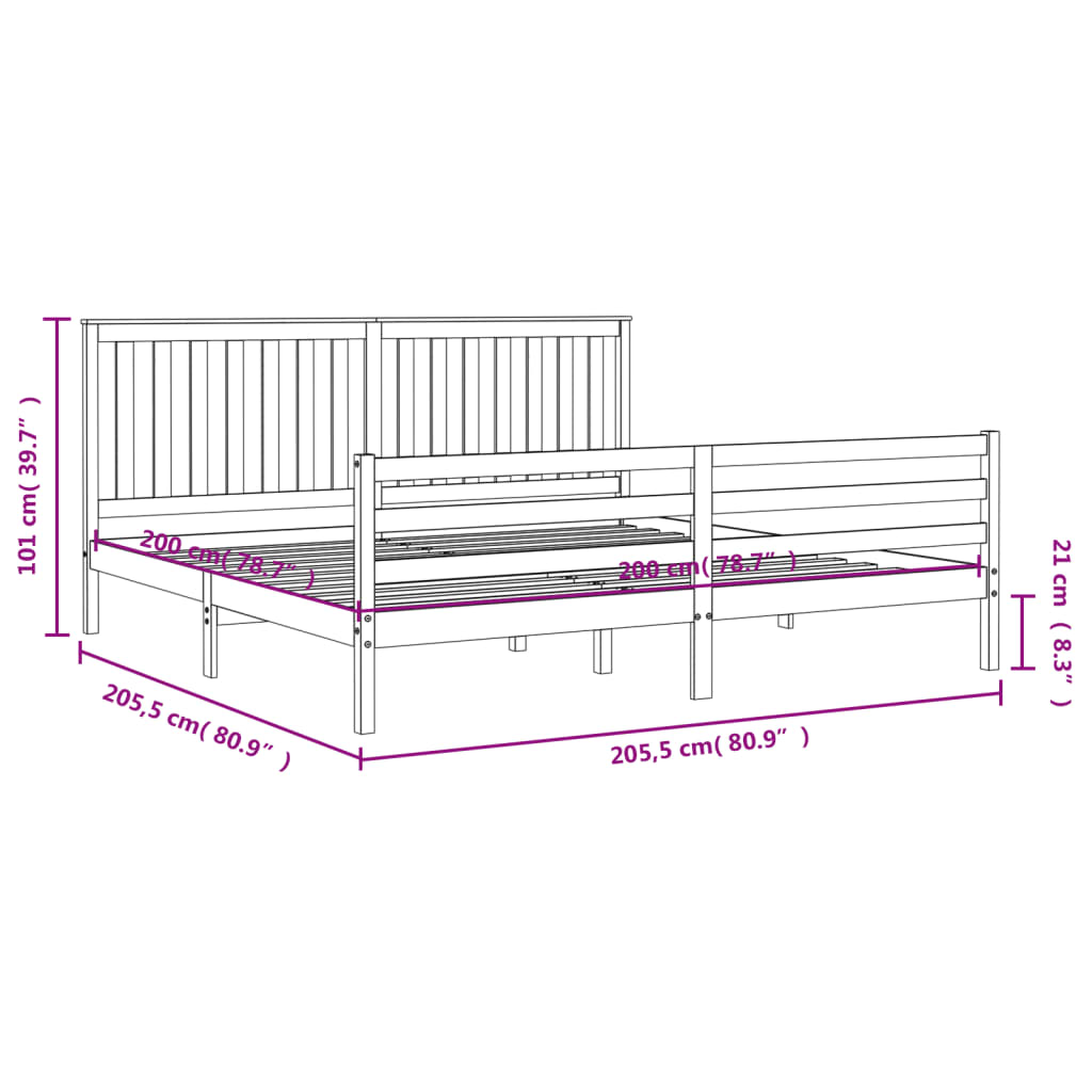 vidaXL Bedframe met hoofdbord massief hout zwart 200x200 cm