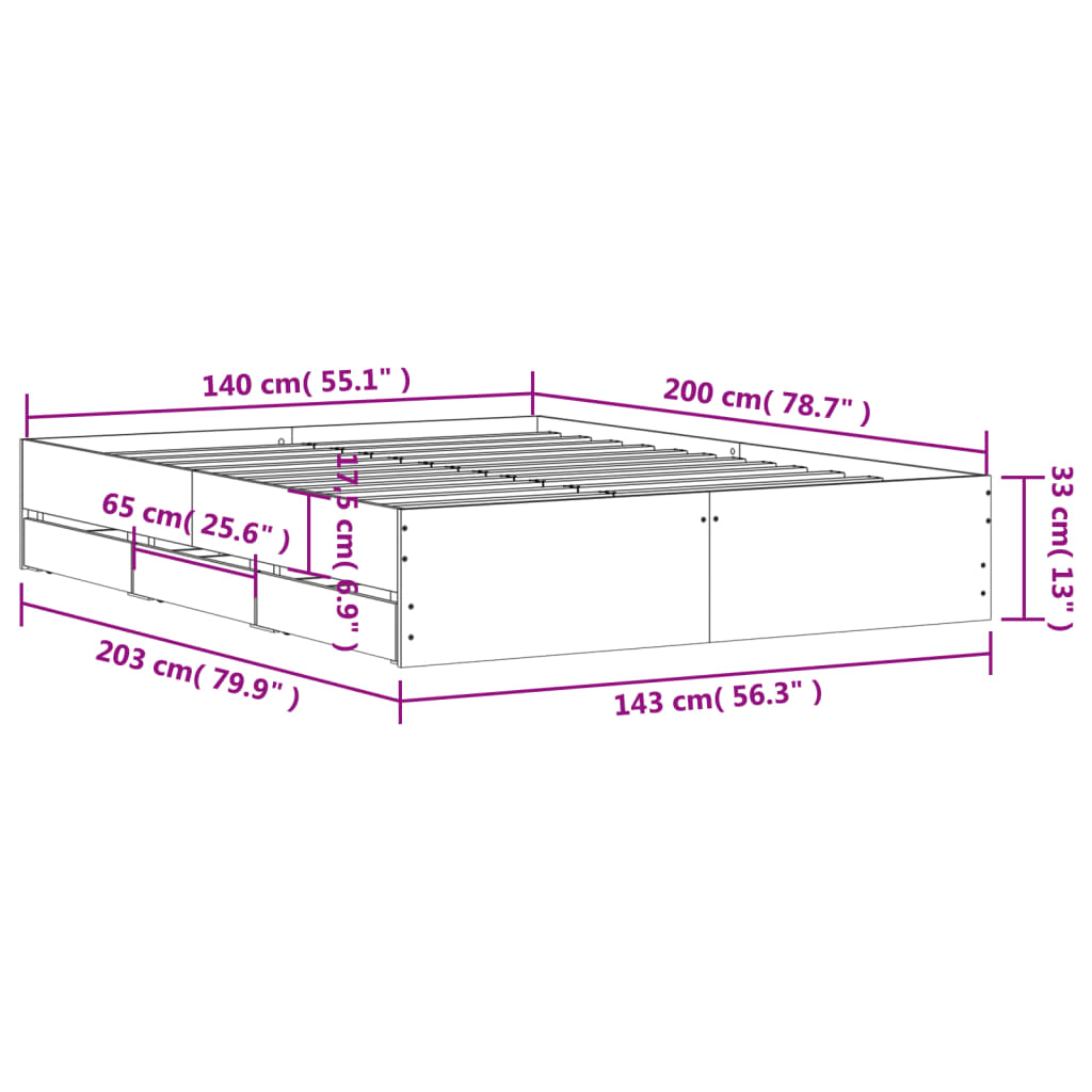 vidaXL Bedframe met lades bewerkt hout sonoma eikenkleurig 140x200 cm