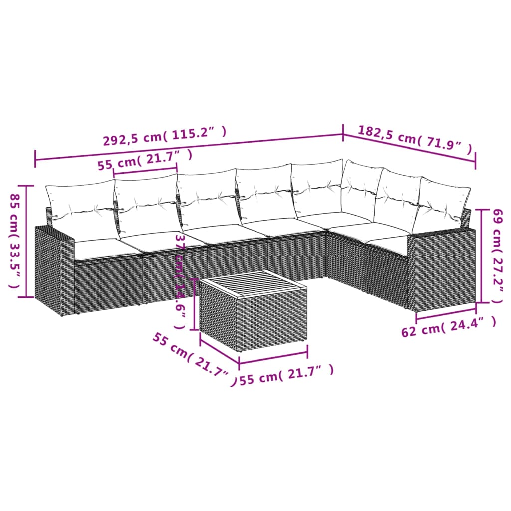 vidaXL 8-delige Loungeset met kussens poly rattan beige