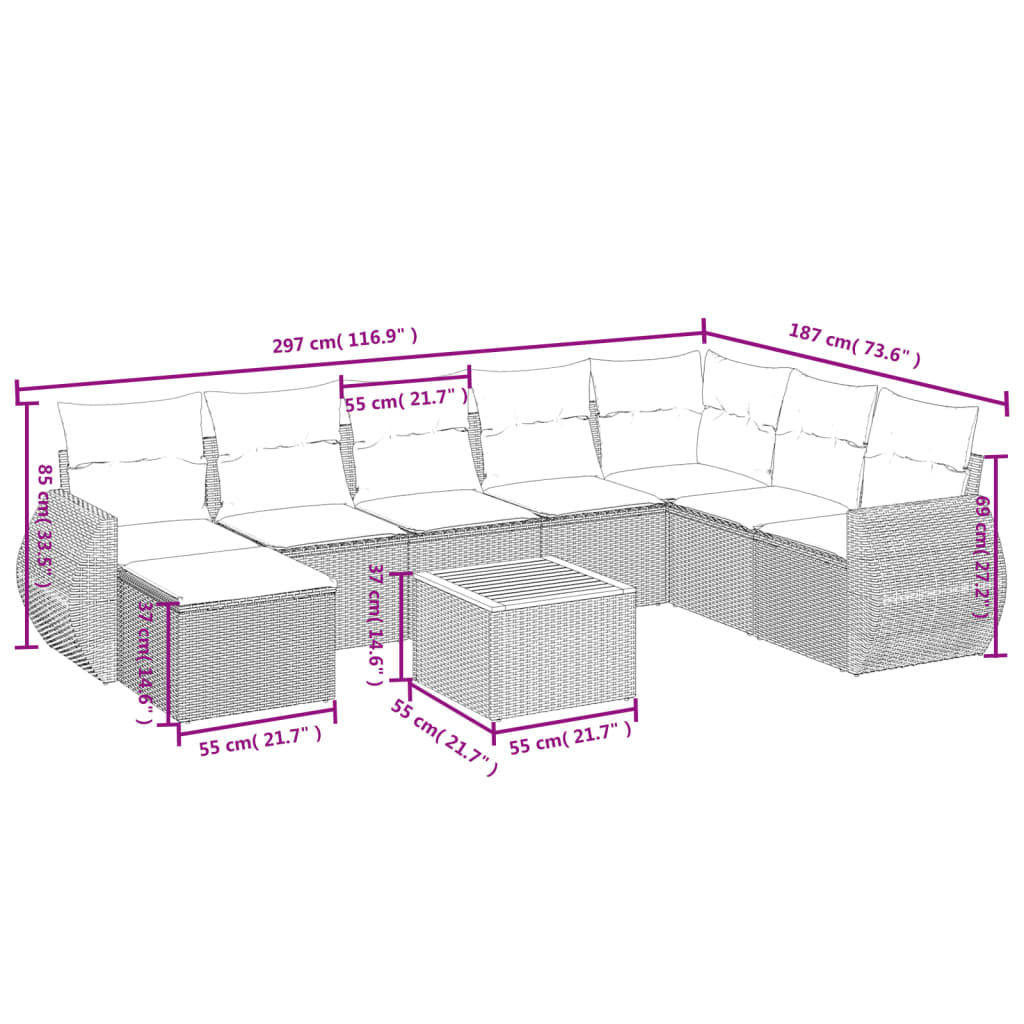 vidaXL 9-delige Loungeset met kussens poly rattan beige