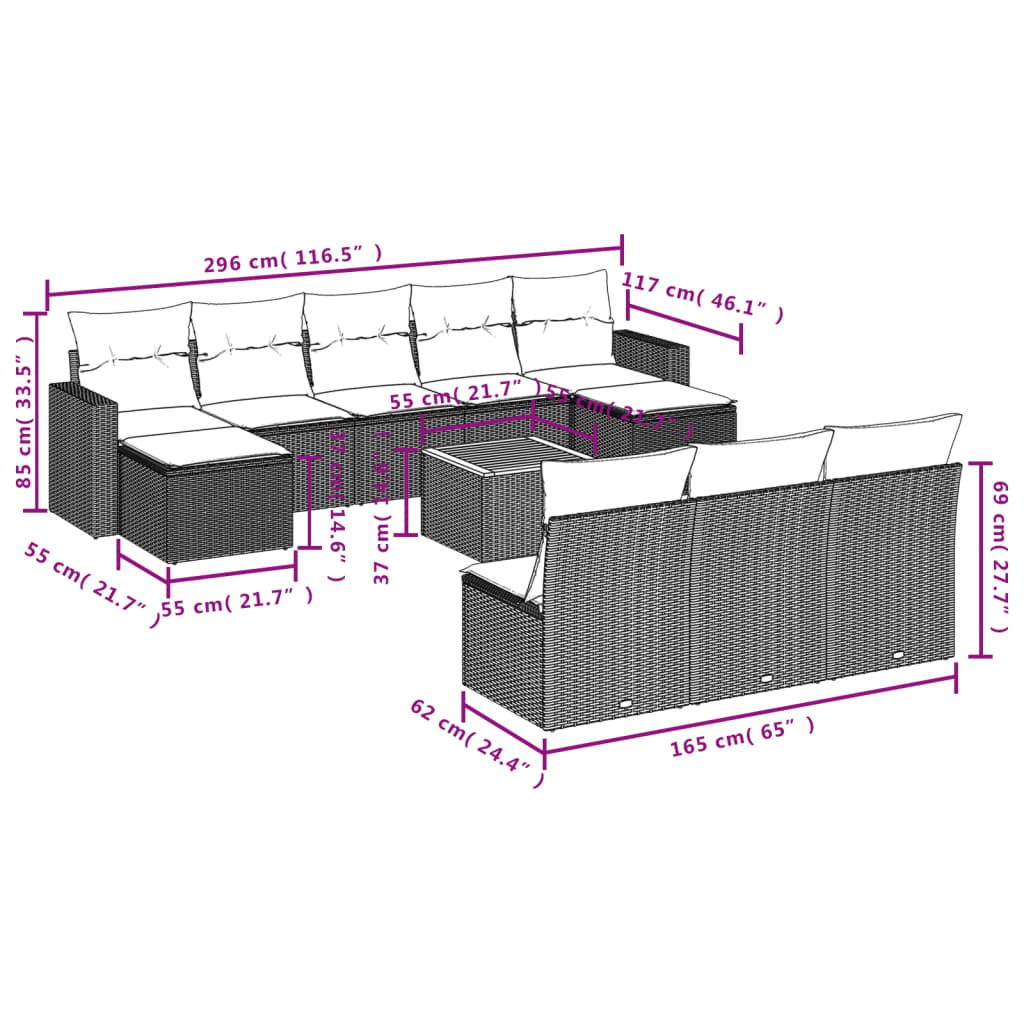 vidaXL 11-delige Loungeset met kussens poly rattan zwart