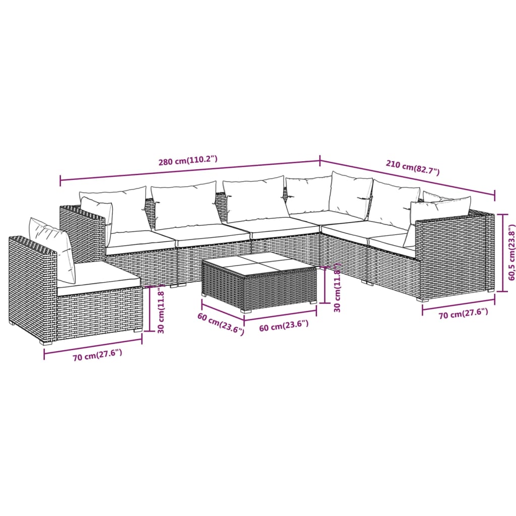 vidaXL 8-delige Loungeset met kussens poly rattan bruin