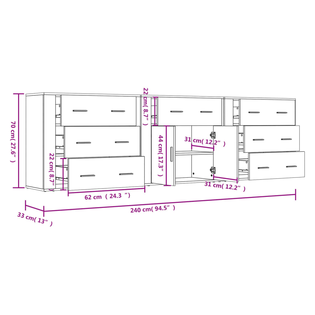 vidaXL Dressoirs 3 st bewerkt hout wit