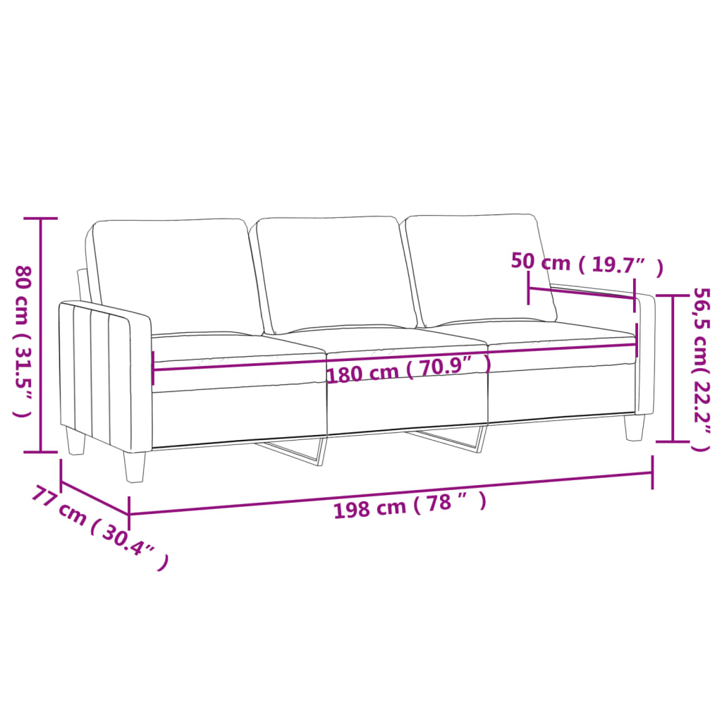 vidaXL Driezitsbank 180 cm fluweel lichtgrijs