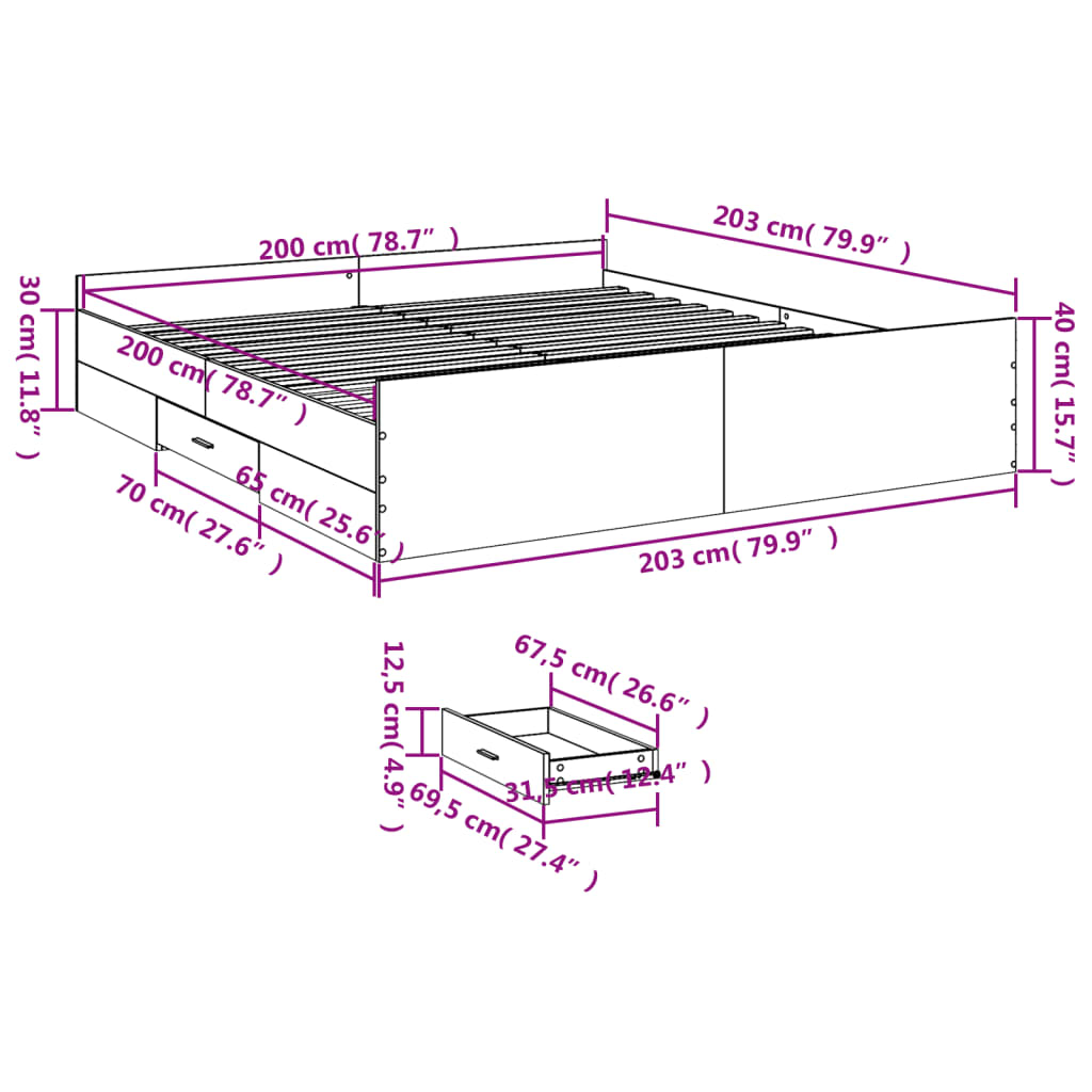 vidaXL Bedframe met lades bewerkt hout sonoma eikenkleurig 200x200 cm