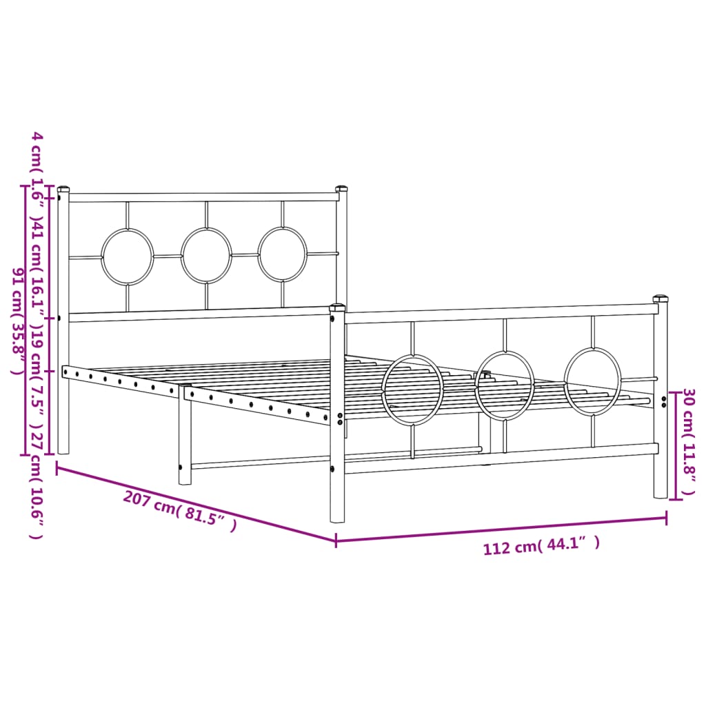 vidaXL Bedframe met hoofd- en voeteneinde metaal wit 107x203 cm