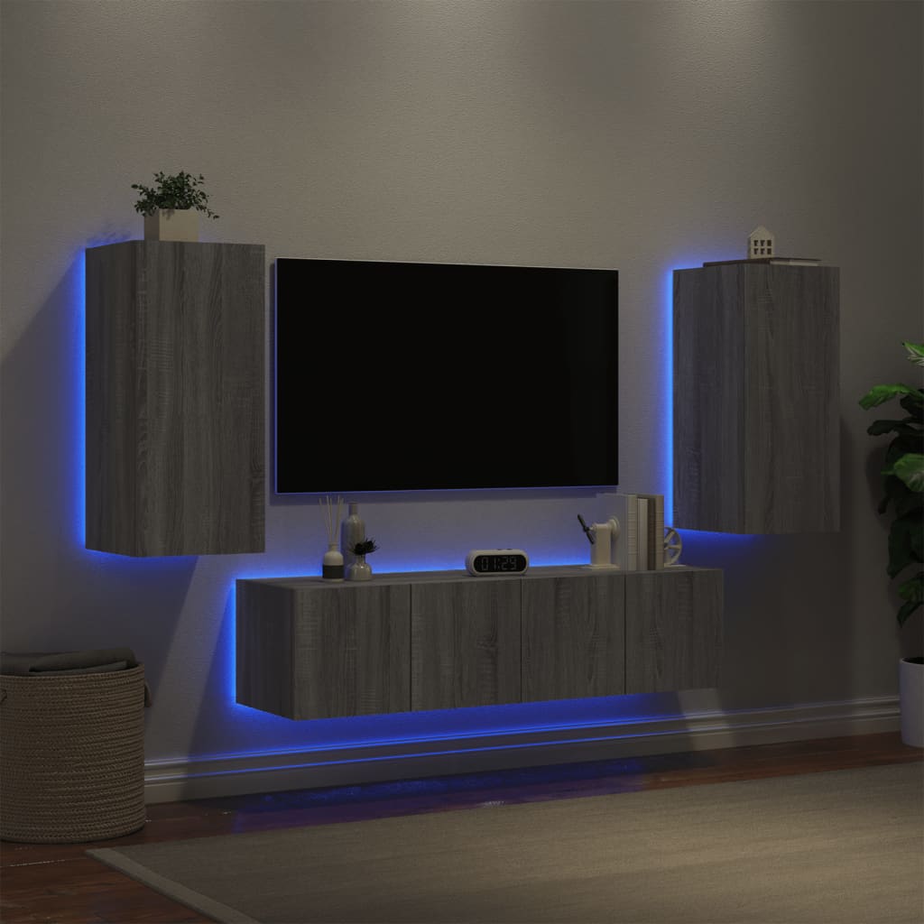 vidaXL 4-delige Tv-wandmeubelset met LED bewerkt hout grijs sonoma