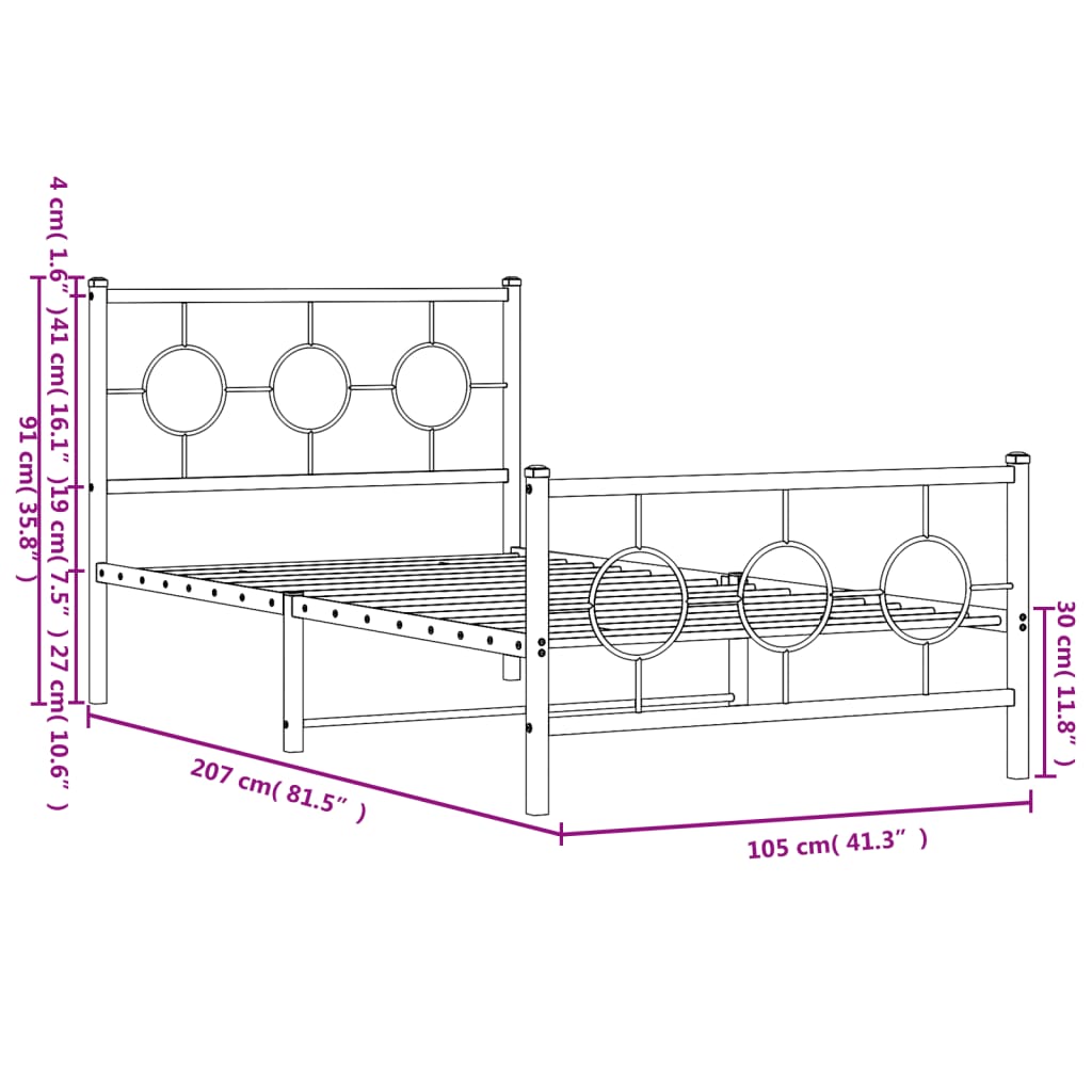 vidaXL Bedframe met hoofd- en voeteneinde metaal zwart 100x200 cm