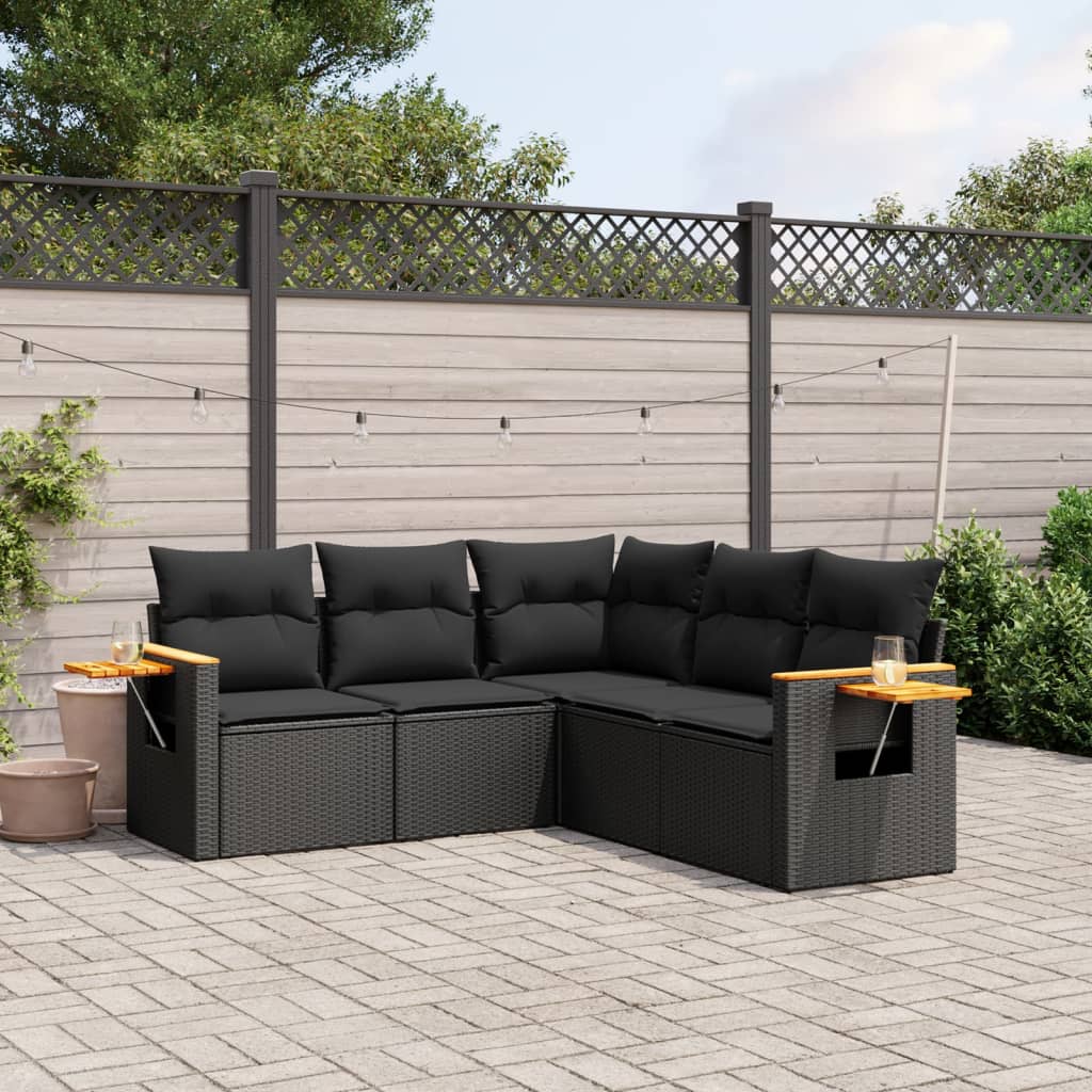 vidaXL 5-delige Loungeset met kussens poly rattan zwart