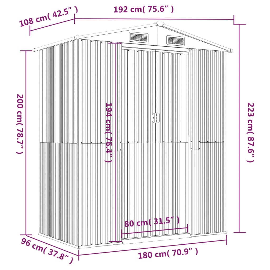 vidaXL Tuinschuur 192x108x223 cm gegalvaniseerd staal lichtgrijs