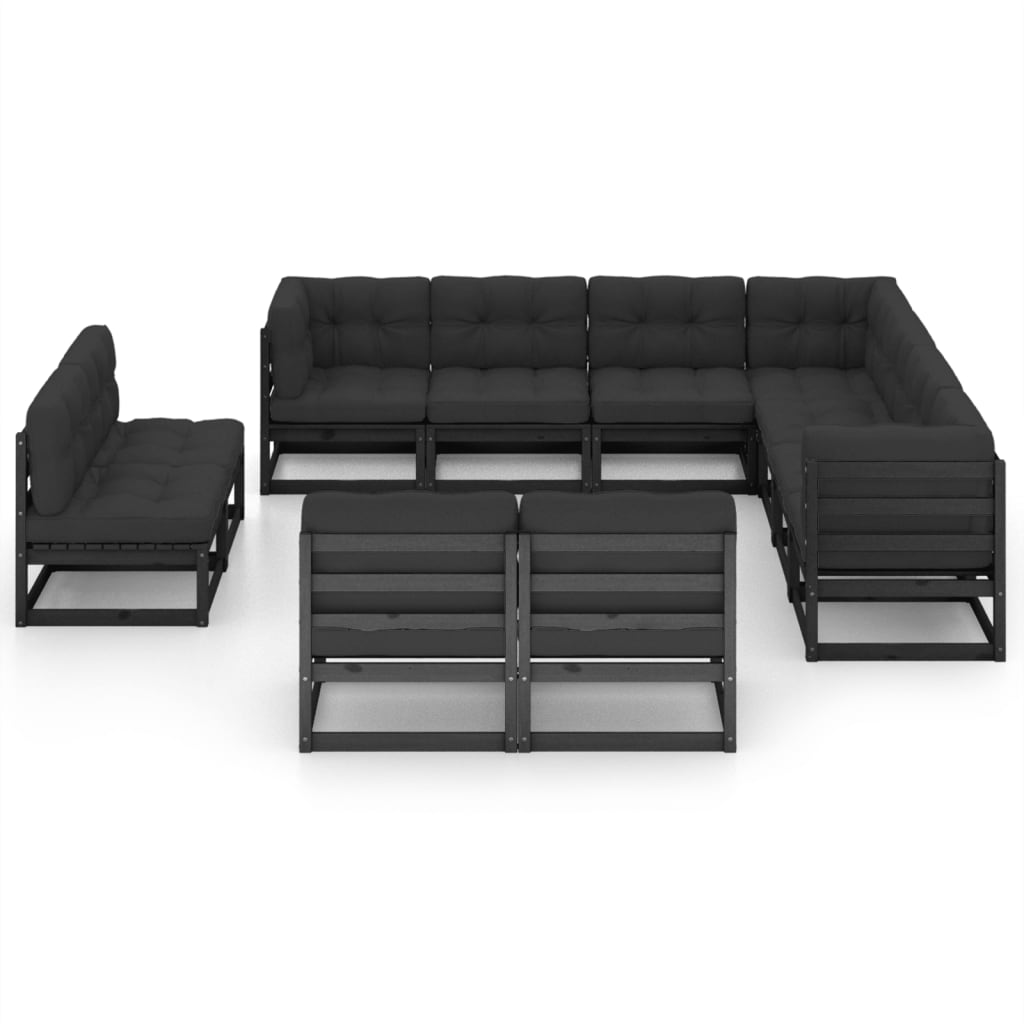 vidaXL 11-delige Loungeset met kussens massief grenenhout zwart