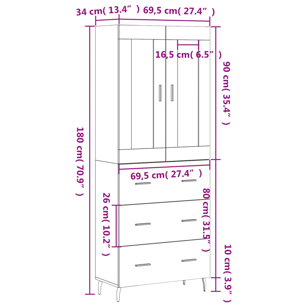 vidaXL Hoge kast 69,5x34x180 cm bewerkt hout betongrijs