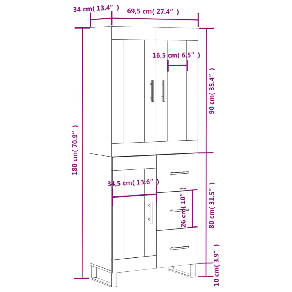 vidaXL Hoge kast 69,5x34x180 cm bewerkt hout bruin eikenkleur