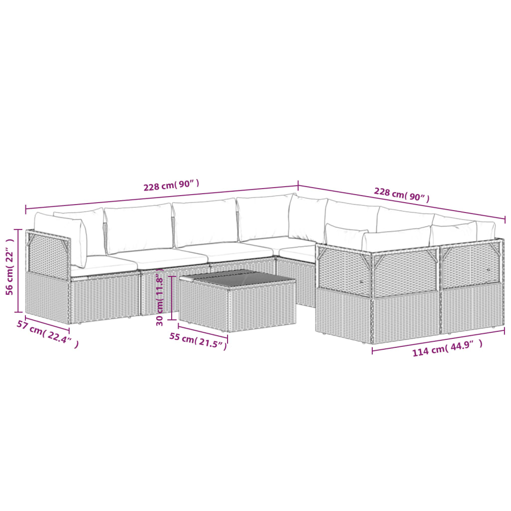 vidaXL 9-delige Loungeset met kussens poly rattan grijs