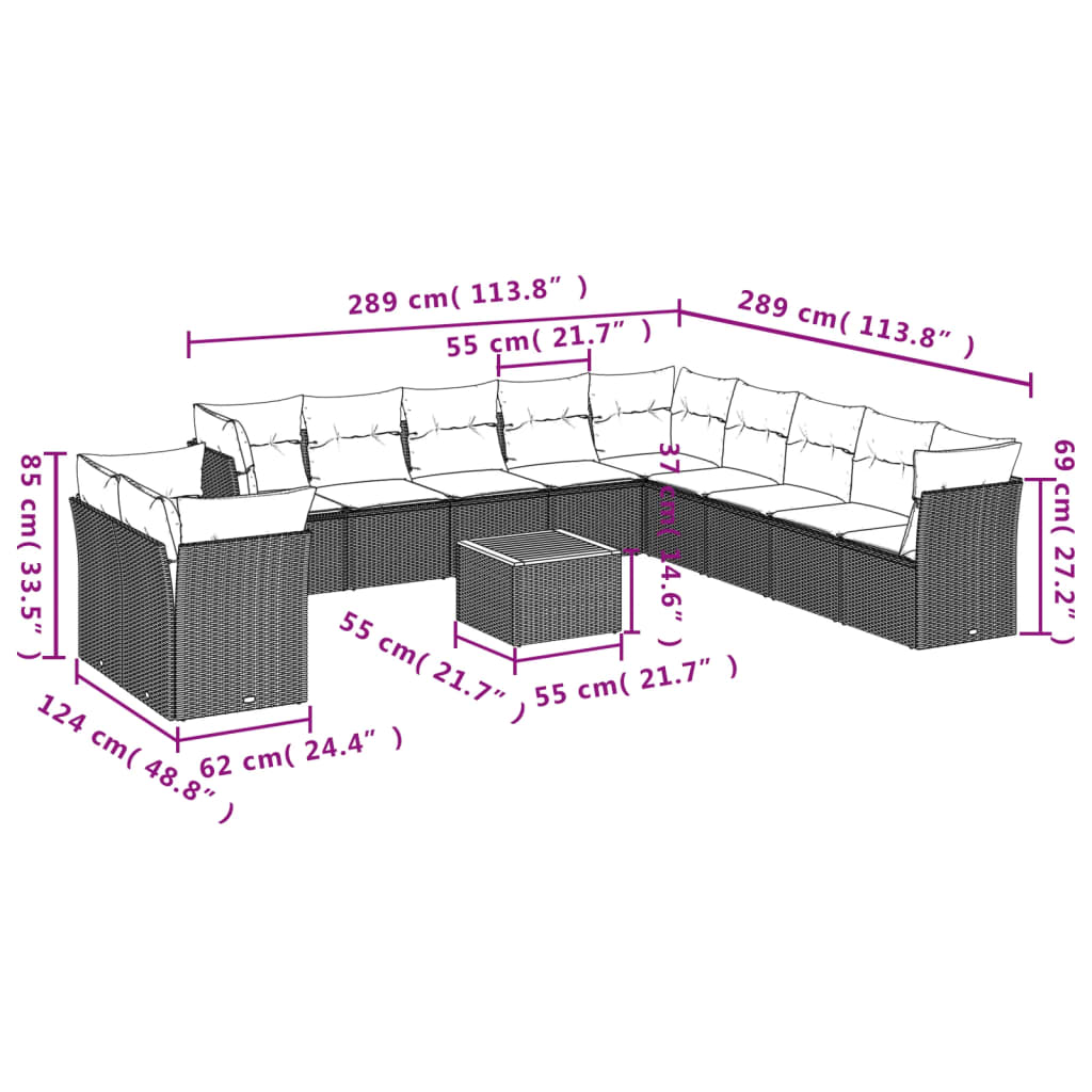 vidaXL 12-delige Loungeset met kussens poly rattan beige