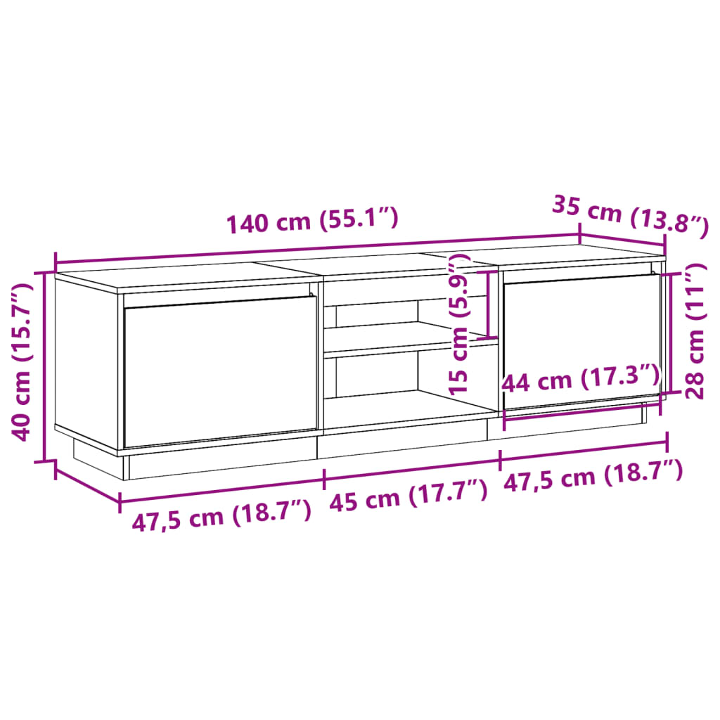 vidaXL Tv-meubel 140x35x40 cm massief grenenhout wasbruin