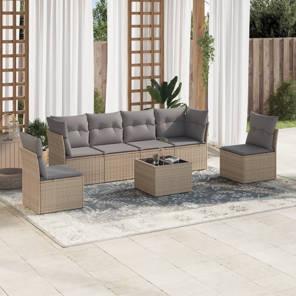 vidaXL 7-delige Loungeset met kussens poly rattan beige