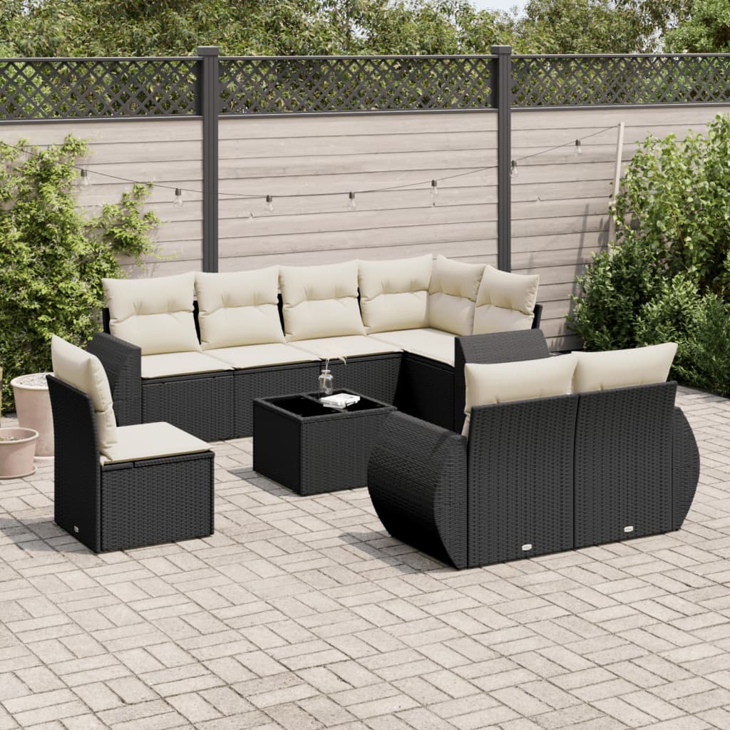 vidaXL 9-delige Loungeset met kussens poly rattan zwart