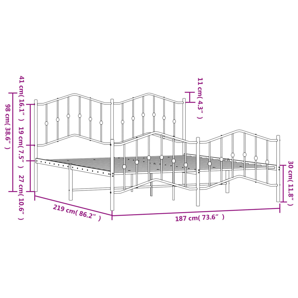 vidaXL Bedframe met hoofd- en voeteneinde metaal zwart 183x213 cm