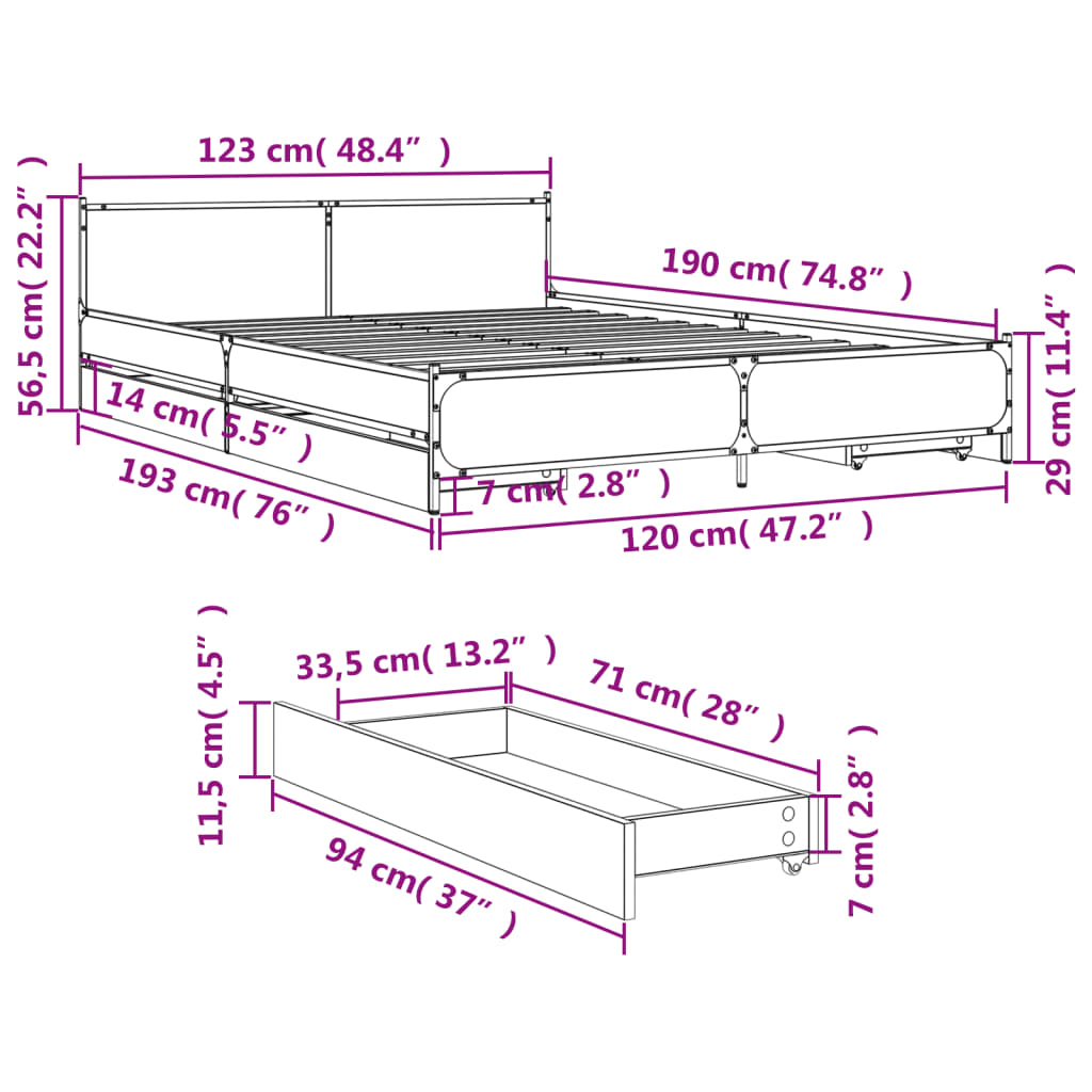 vidaXL Bedframe met lades bewerkt hout grijs sonoma eiken 120x190 cm