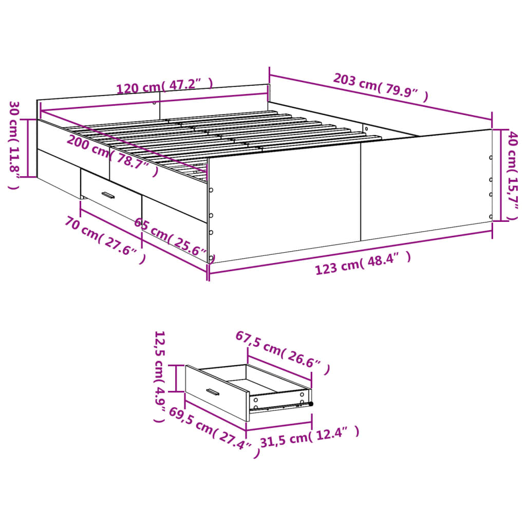 vidaXL Bedframe met lades bewerkt hout bruin eikenkleur 120x200 cm