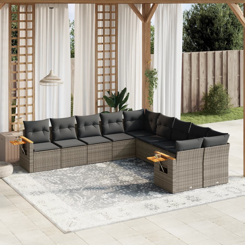 vidaXL 10-delige Loungeset met kussens poly rattan grijs