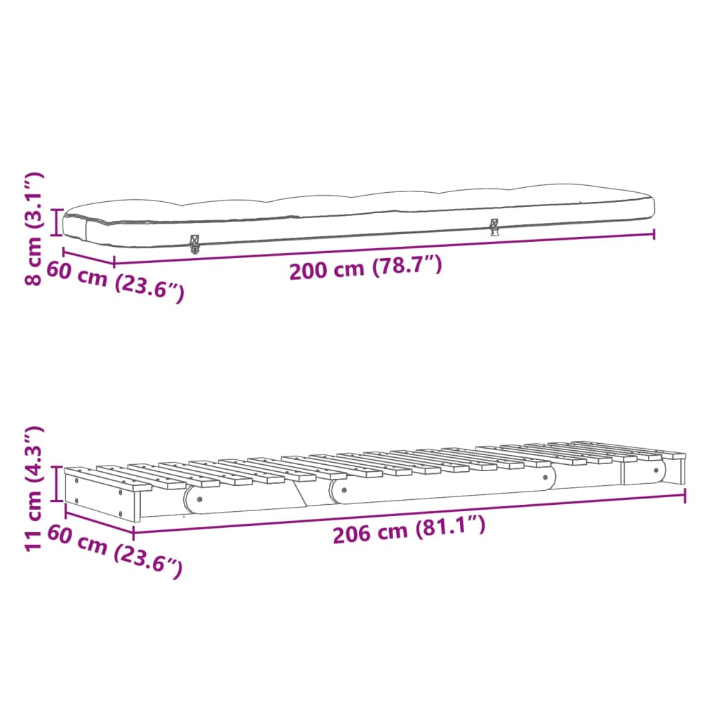 vidaXL Futon slaapbank met matras 60x206x11 cm massief grenenhout wit