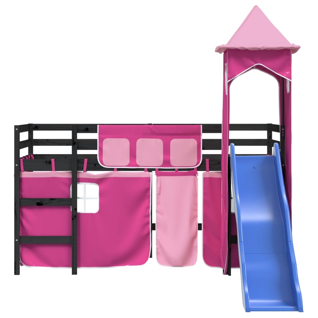 vidaXL Kinderhoogslaper met toren 90x190 cm massief grenenhout roze