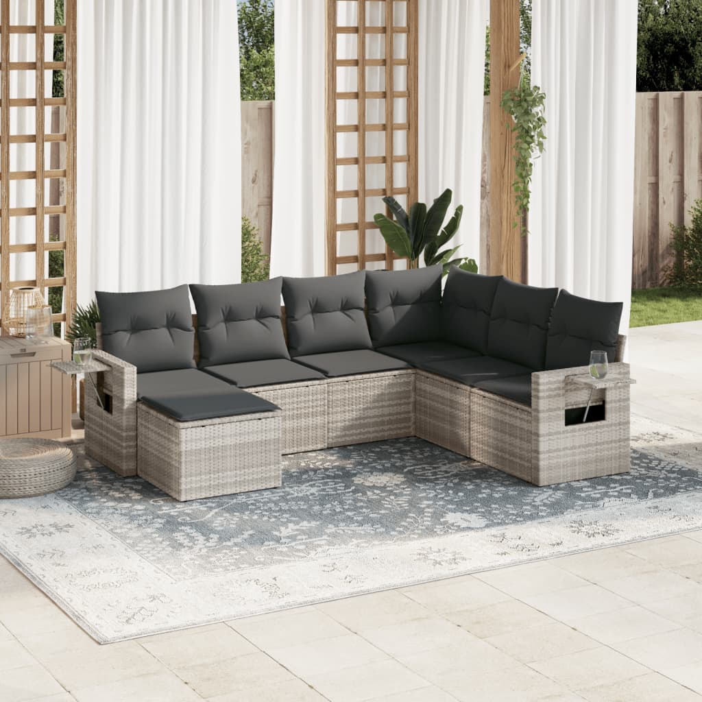 vidaXL 7-delige Loungeset met kussens poly rattan lichtgrijs