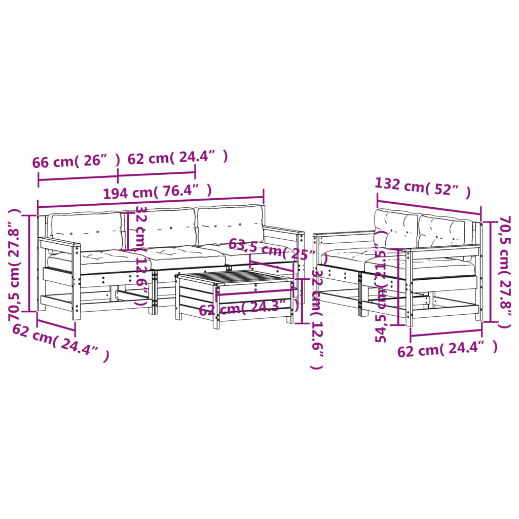 vidaXL 6-delige Loungeset met kussens massief grenenhout