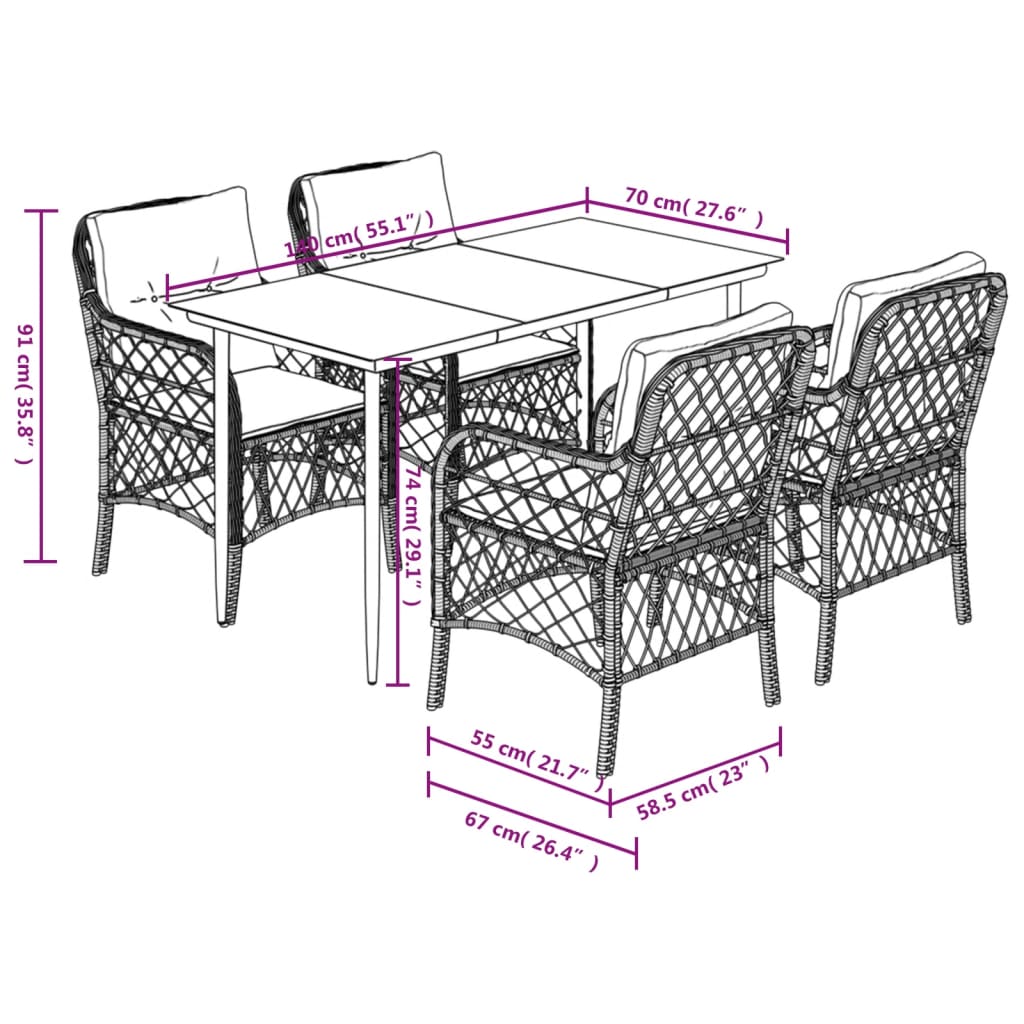 vidaXL 5-delige Tuinset met kussens poly rattan zwart