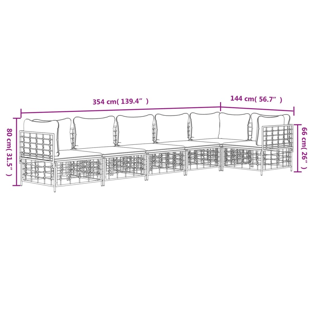 vidaXL 6-delige Loungeset met kussens poly rattan antracietkleurig