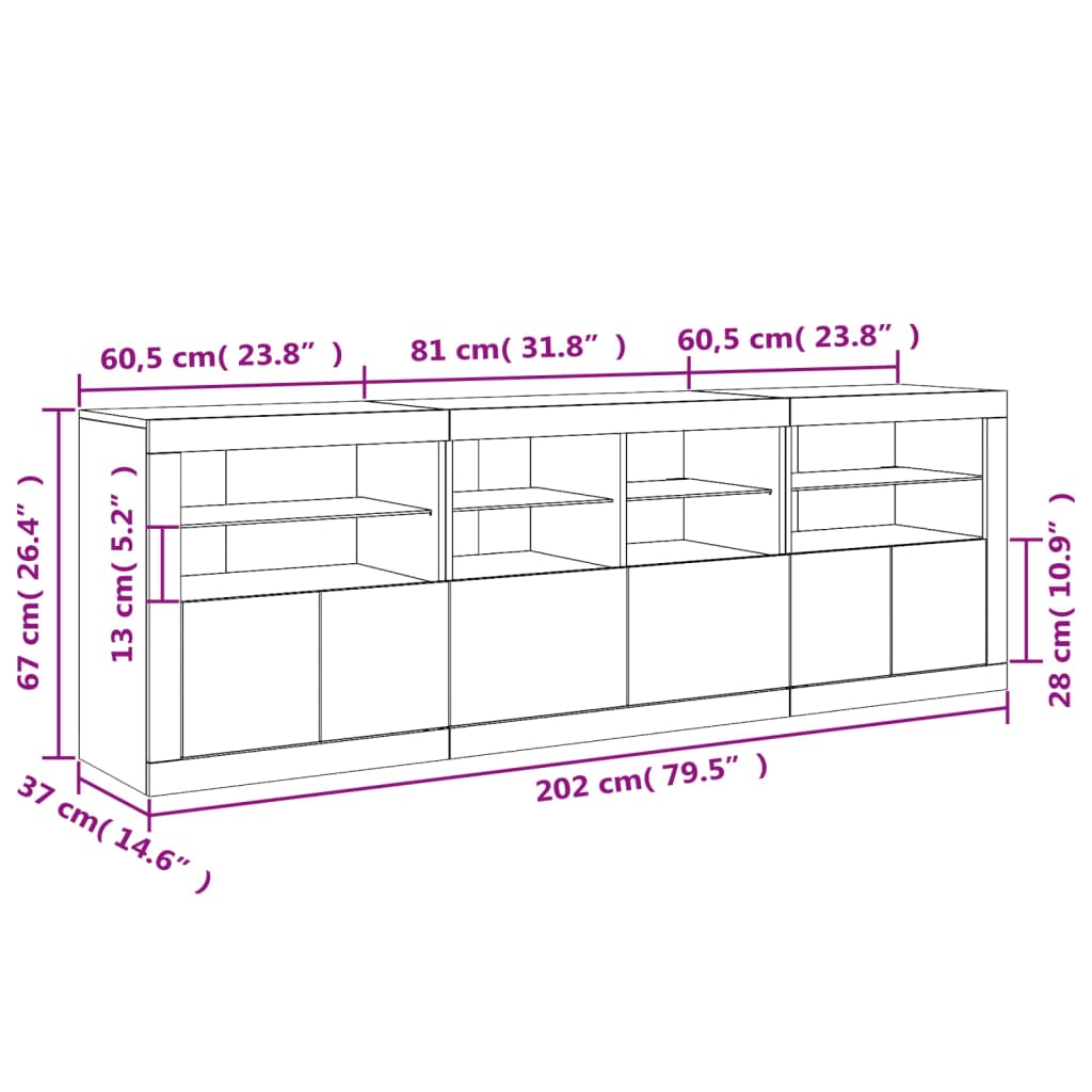 vidaXL Dressoir met LED-verlichting 202x37x67 cm wit